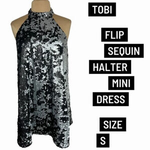 TOBI black and silver flip sequin halter mini swing dress size S